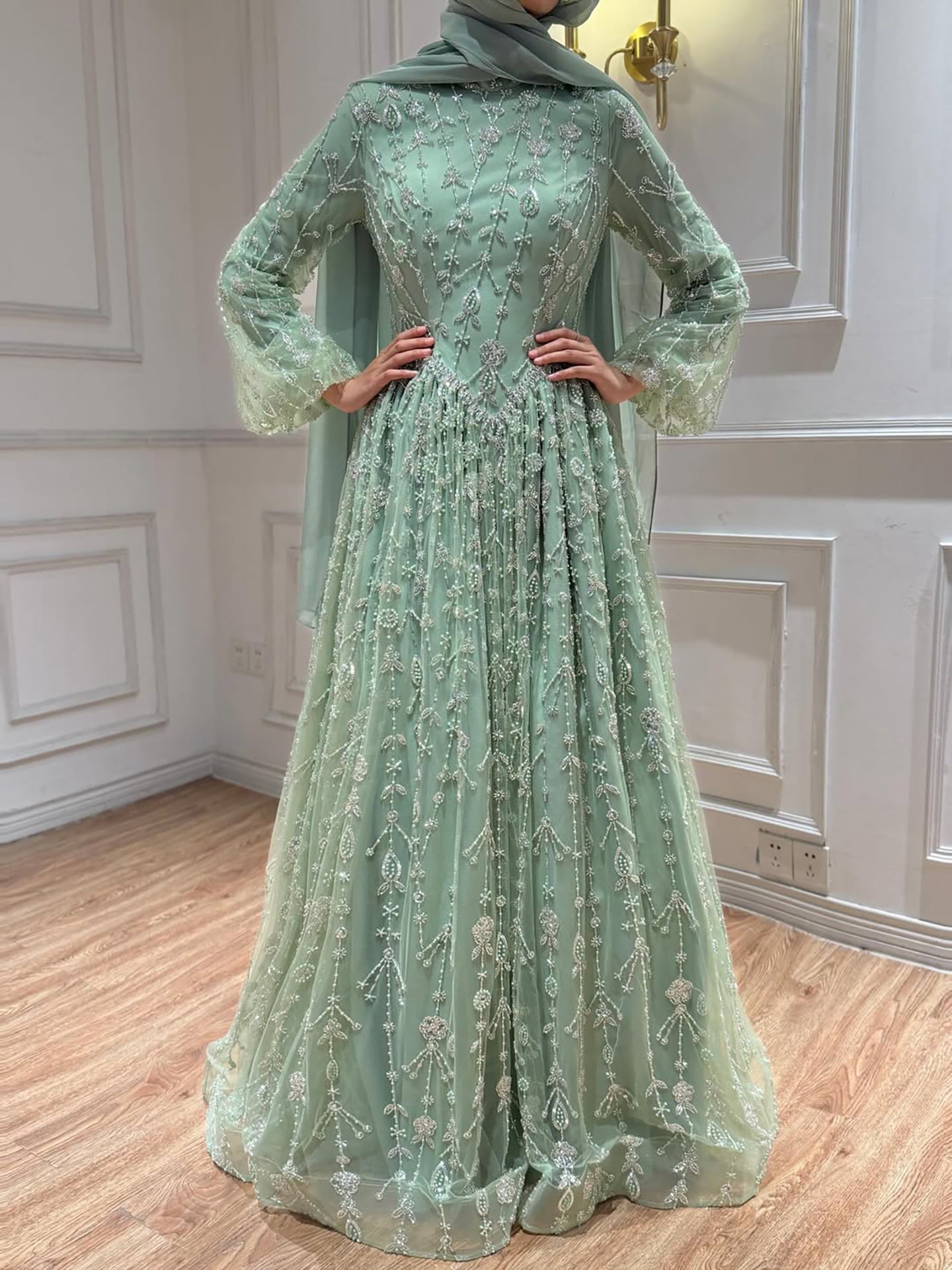 Luxury Sage Green Muslim Long Sleeve A-Line Evening Dress LA72805E