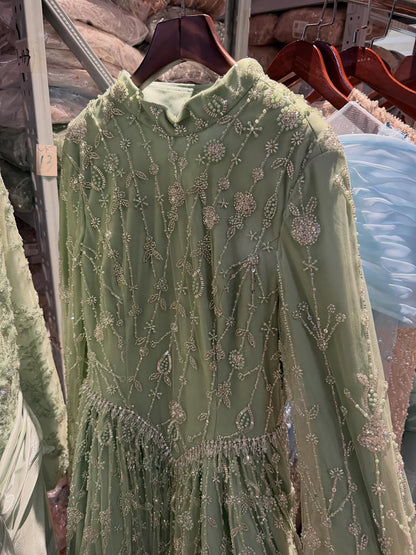 Luxury Sage Green Muslim Long Sleeve A-Line Evening Dress LA72805E