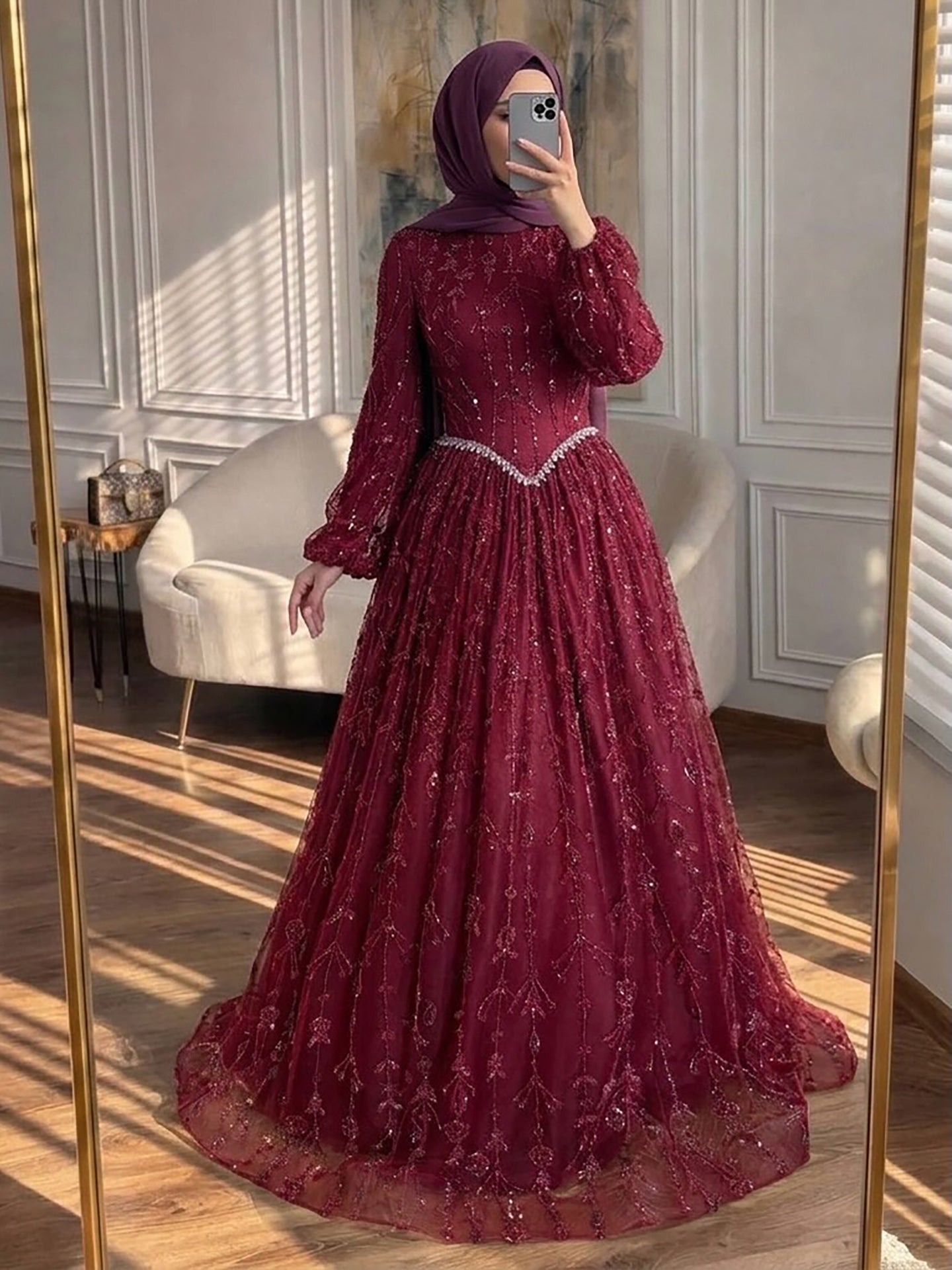 Luxury Sage Green Muslim Long Sleeve A-Line Evening Dress LA72805E SERENE HILL