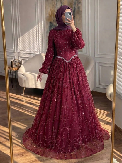 Luxury Sage Green Muslim Long Sleeve A-Line Evening Dress LA72805E SERENE HILL