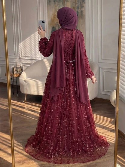 Luxury Sage Green Muslim Long Sleeve A-Line Evening Dress LA72805E SERENE HILL