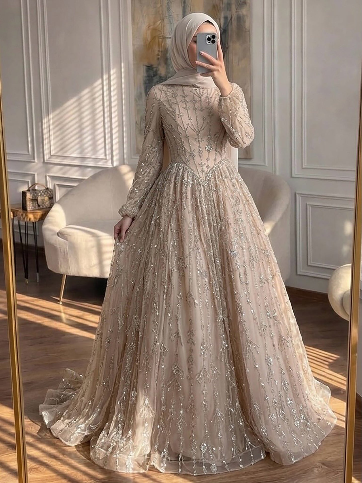 Luxury Sage Green Muslim Long Sleeve A-Line Evening Dress LA72805E SERENE HILL