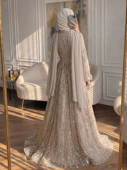Luxury Sage Green Muslim Long Sleeve A-Line Evening Dress LA72805E SERENE HILL