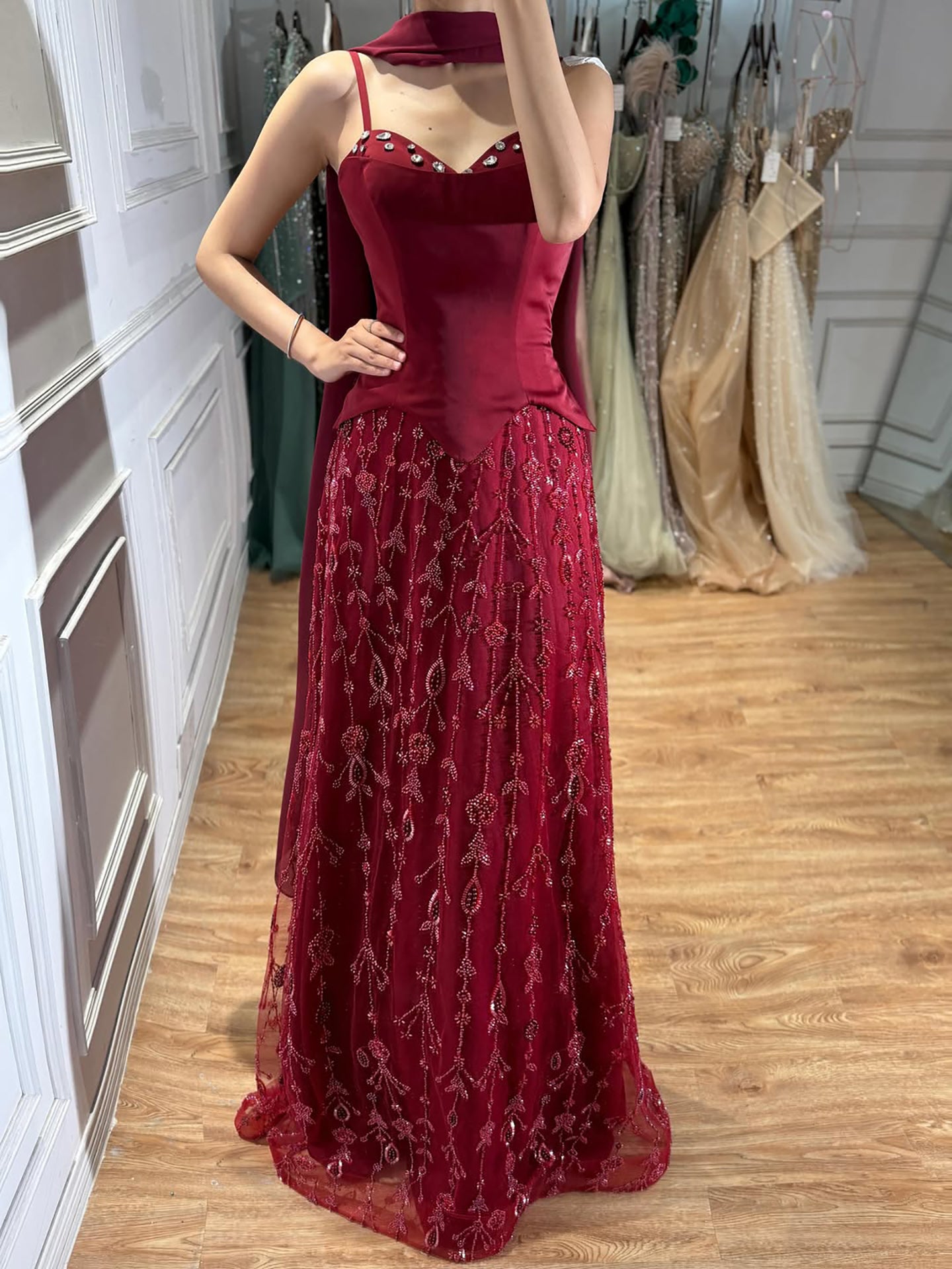 Luxury Nude Beaded Spaghetti Strap A Line Evening Dress LA72805F SERENE HILL