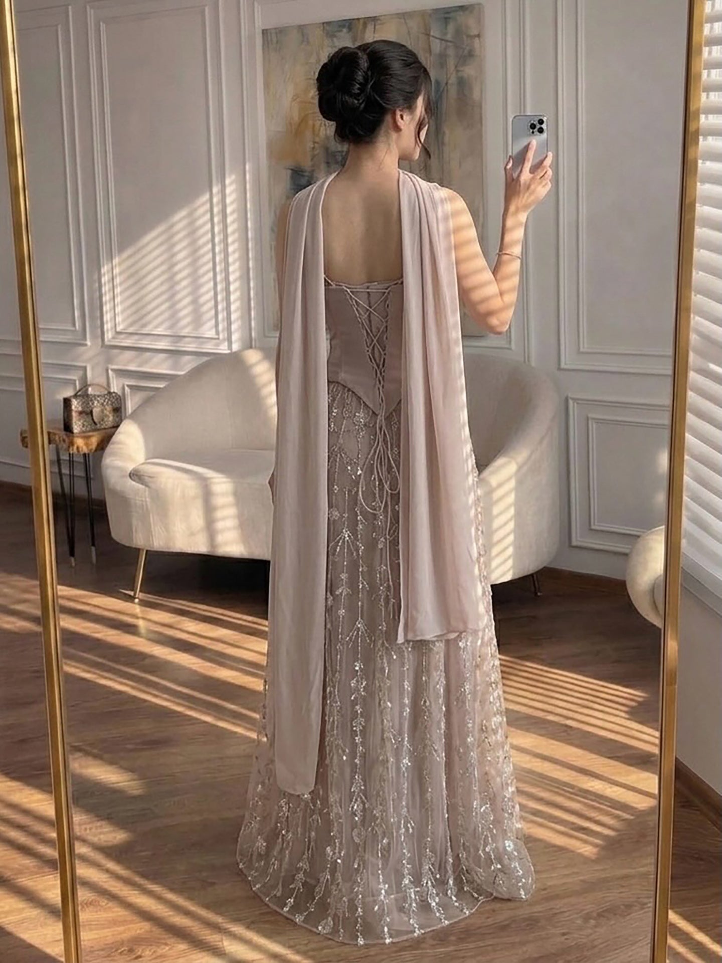 Luxury Nude Beaded Spaghetti Strap A Line Evening Dress LA72805F SERENE HILL