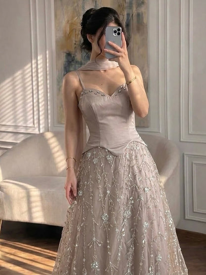 Luxury Nude Beaded Spaghetti Strap A Line Evening Dress LA72805F SERENE HILL