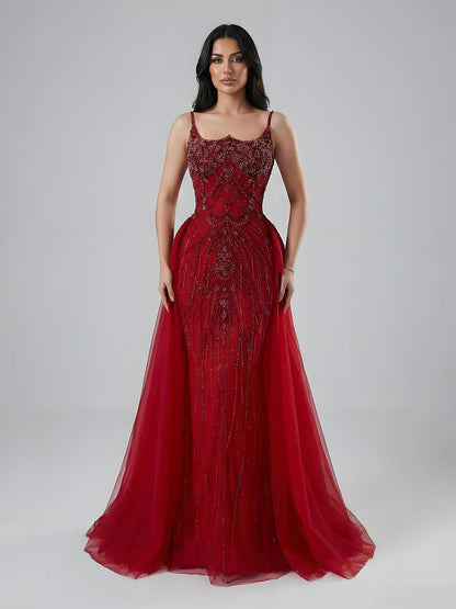 Luxury Dubai Nude Saudi Beaded Spaghetti Strap Evening Dress with Overskirt LA72810 - SERENE  HILL