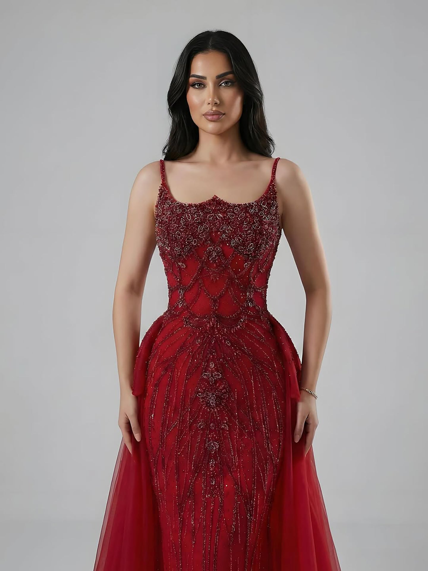 Luxury Dubai Nude Saudi Beaded Spaghetti Strap Evening Dress with Overskirt LA72810 - SERENE  HILL