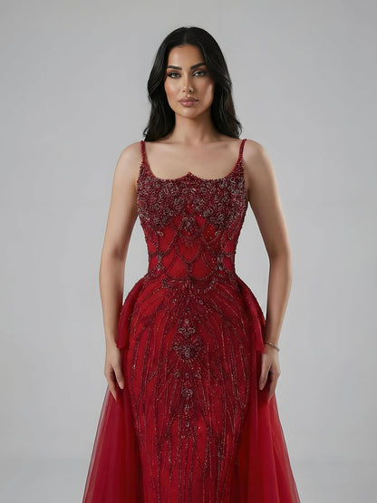 Luxury Dubai Nude Saudi Beaded Spaghetti Strap Evening Dress with Overskirt LA72810 - SERENE  HILL