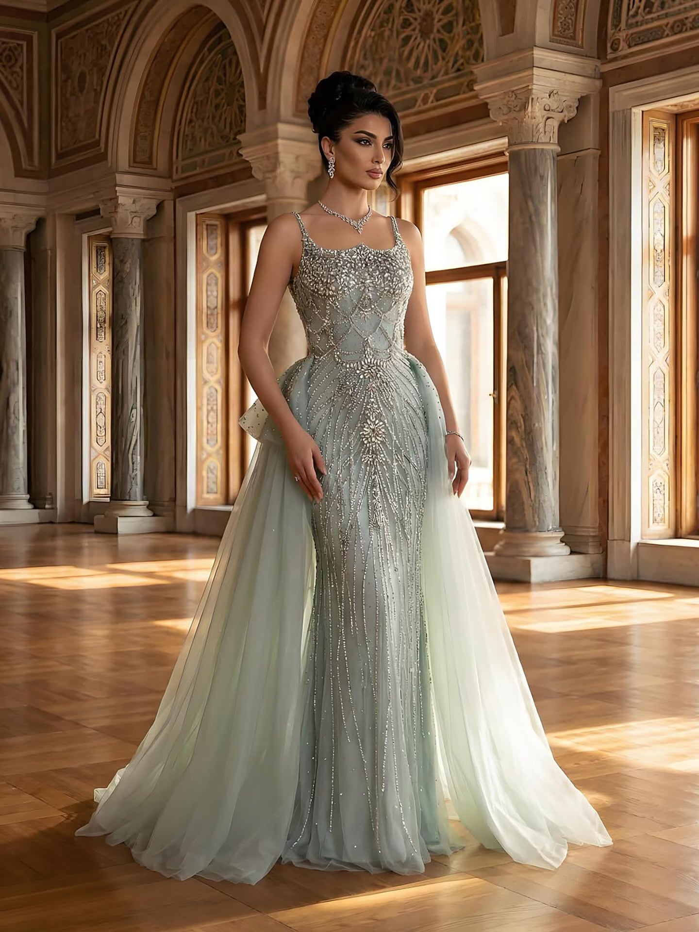 Luxury Dubai Nude Saudi Beaded Spaghetti Strap Evening Dress with Overskirt LA72810 - SERENE  HILL