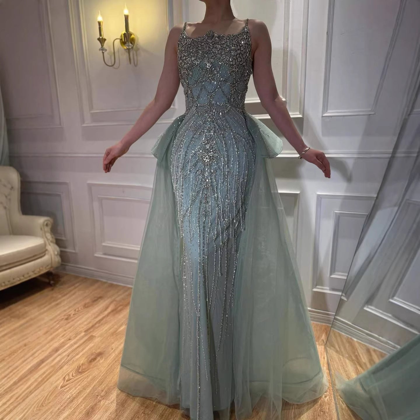 Luxury Dubai Nude Saudi Beaded Spaghetti Strap Evening Dress with Overskirt LA72810 - SERENE  HILL