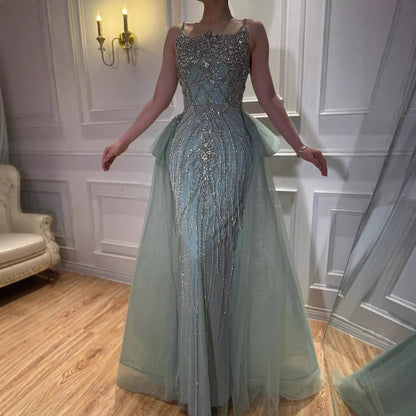 Luxury Dubai Nude Saudi Beaded Spaghetti Strap Evening Dress with Overskirt LA72810 - SERENE  HILL