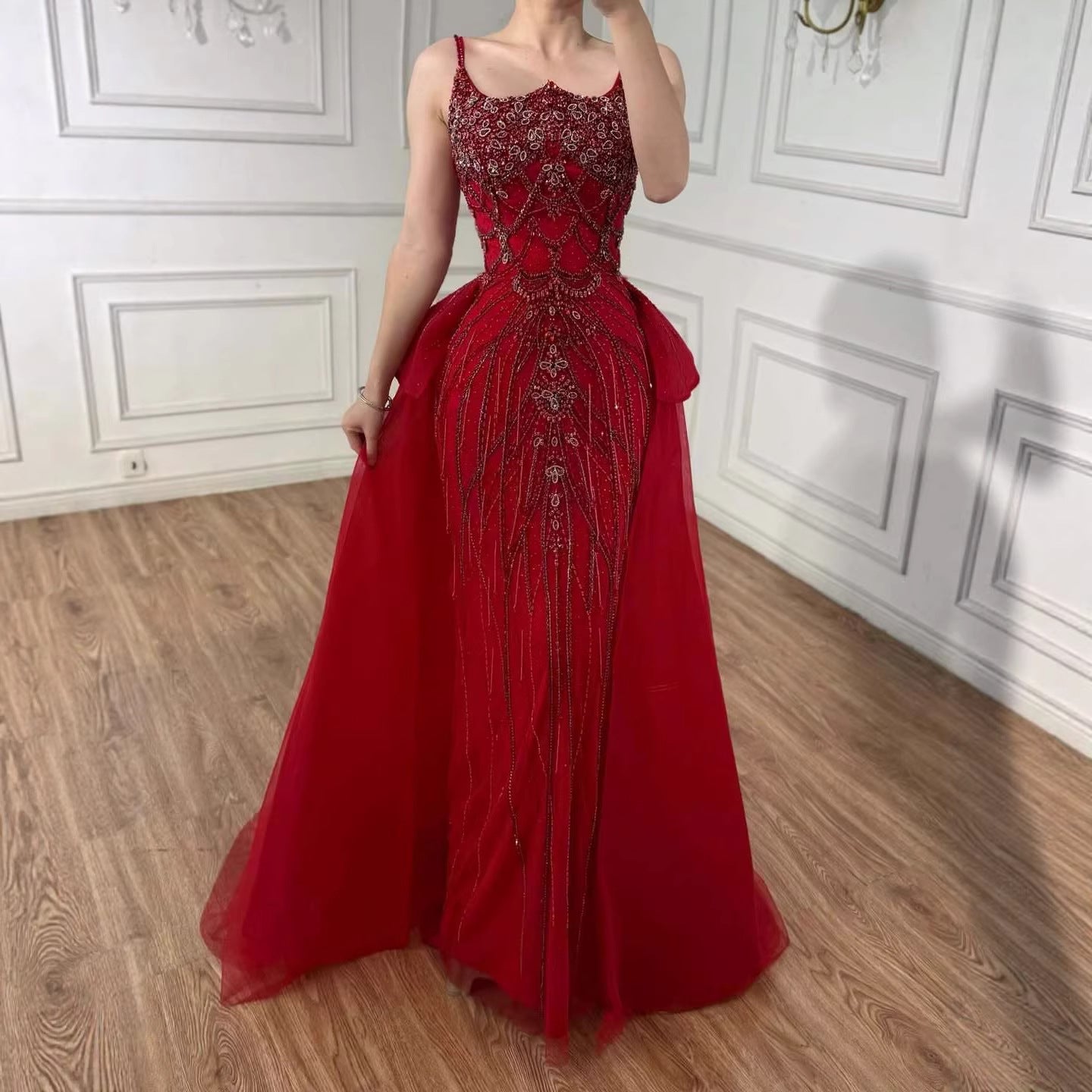 Luxury Dubai Nude Saudi Beaded Spaghetti Strap Evening Dress with Overskirt LA72810 - SERENE  HILL