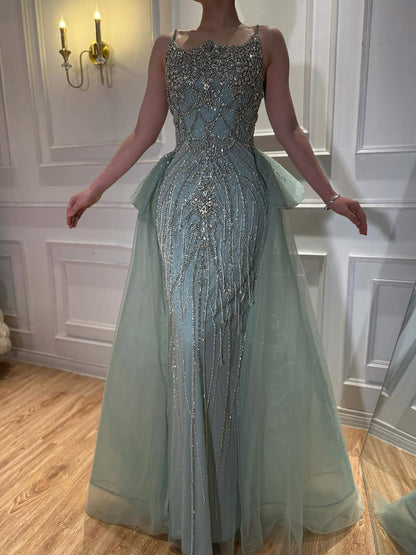 Luxury Dubai Nude Saudi Beaded Spaghetti Strap Evening Dress with Overskirt LA72810 - SERENE  HILL