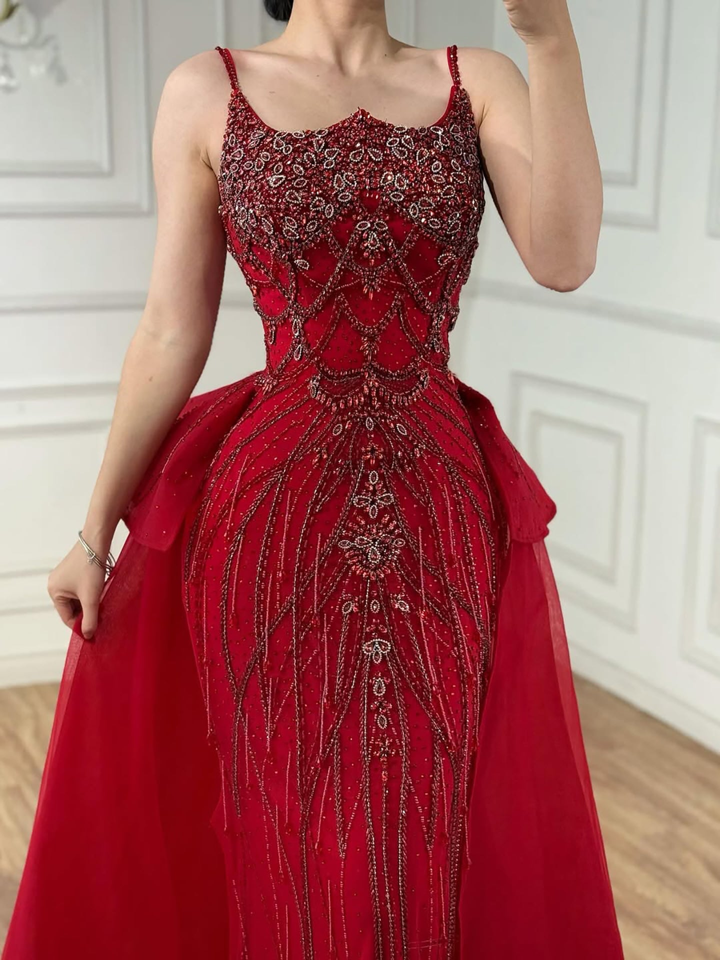 Luxury Dubai Nude Saudi Beaded Spaghetti Strap Evening Dress with Overskirt LA72810 - SERENE  HILL