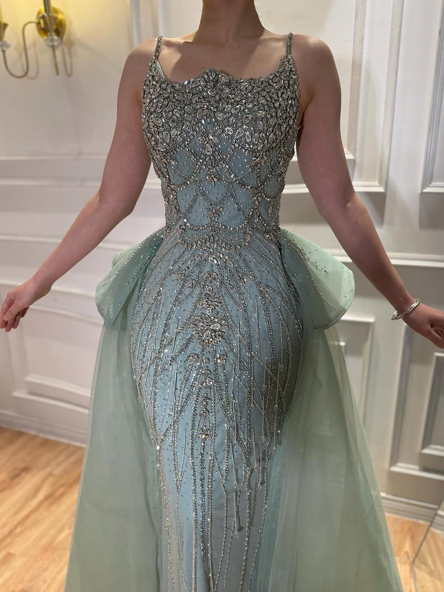 Luxury Dubai Nude Saudi Beaded Spaghetti Strap Evening Dress with Overskirt LA72810 - SERENE  HILL