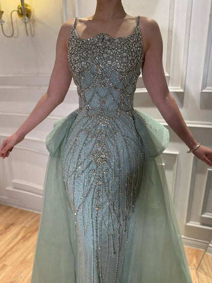 Luxury Dubai Nude Saudi Beaded Spaghetti Strap Evening Dress with Overskirt LA72810 - SERENE  HILL