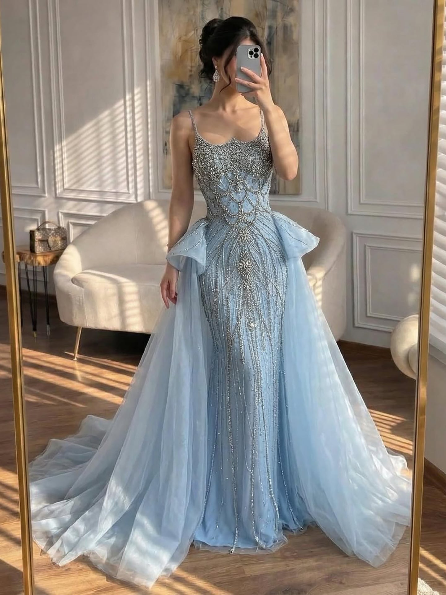 Luxury Dubai Nude Saudi Beaded Spaghetti Strap Evening Dress with Overskirt  LA72810 – SERENE HILL