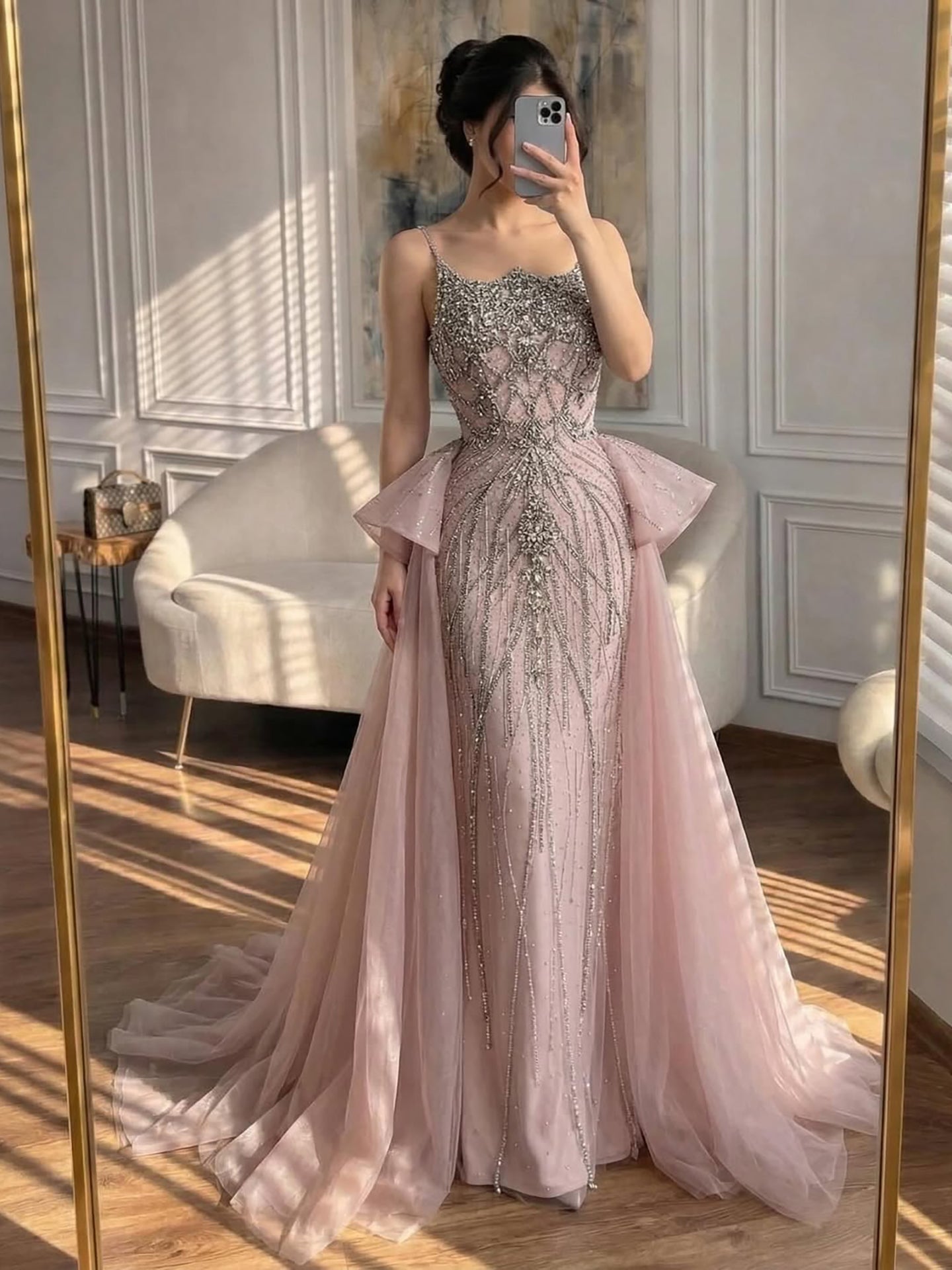 Luxury Dubai Nude Saudi Beaded Spaghetti Strap Evening Dress with Overskirt LA72810