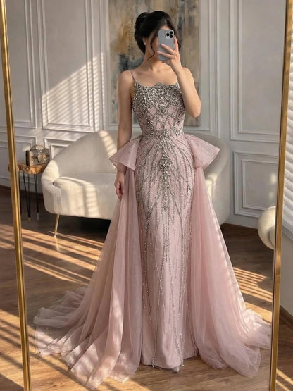 Luxury Dubai Nude Saudi Beaded Spaghetti Strap Evening Dress with Overskirt LA72810