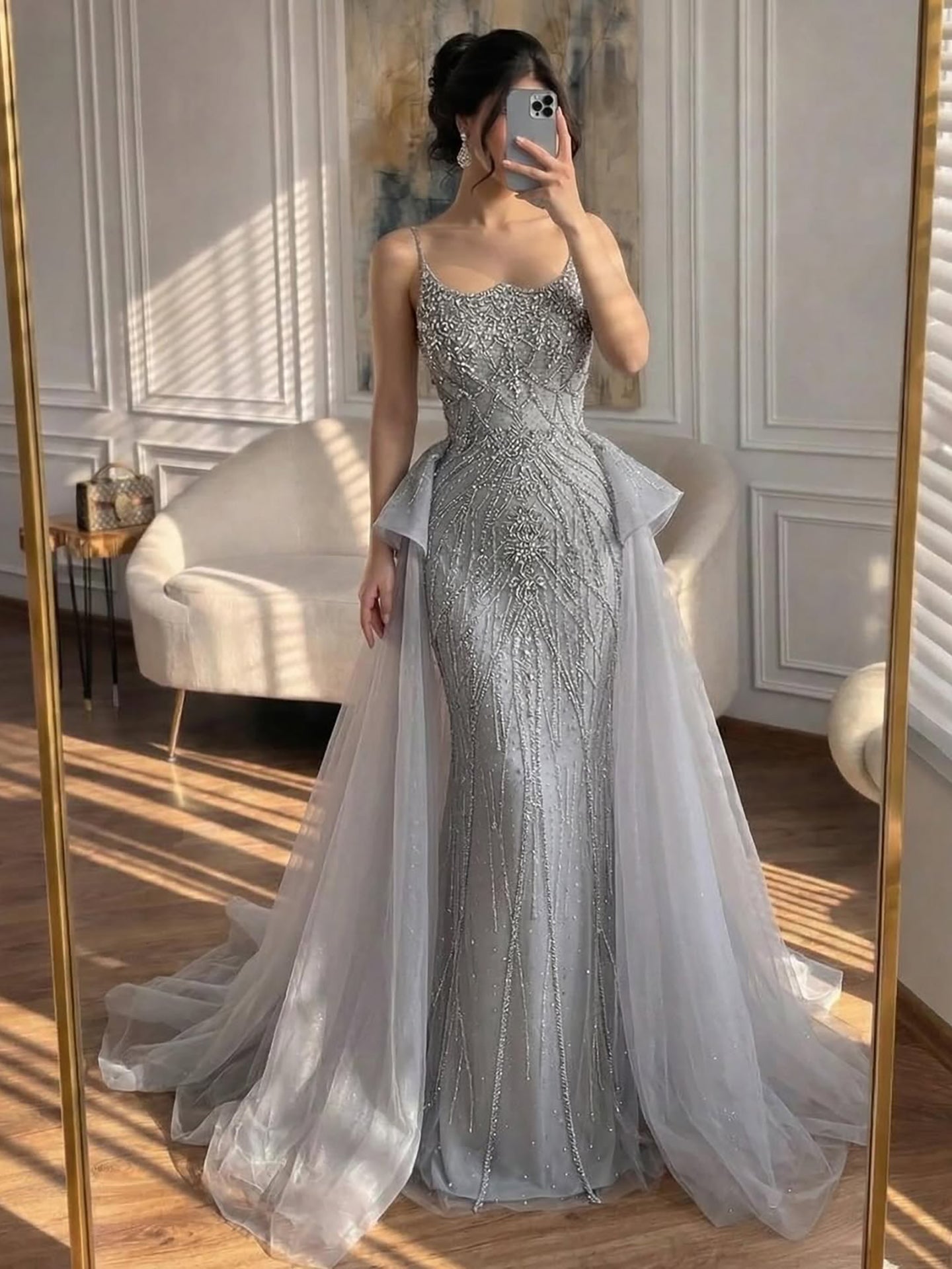 Luxury Dubai Nude Saudi Beaded Spaghetti Strap Evening Dress with Overskirt LA72810