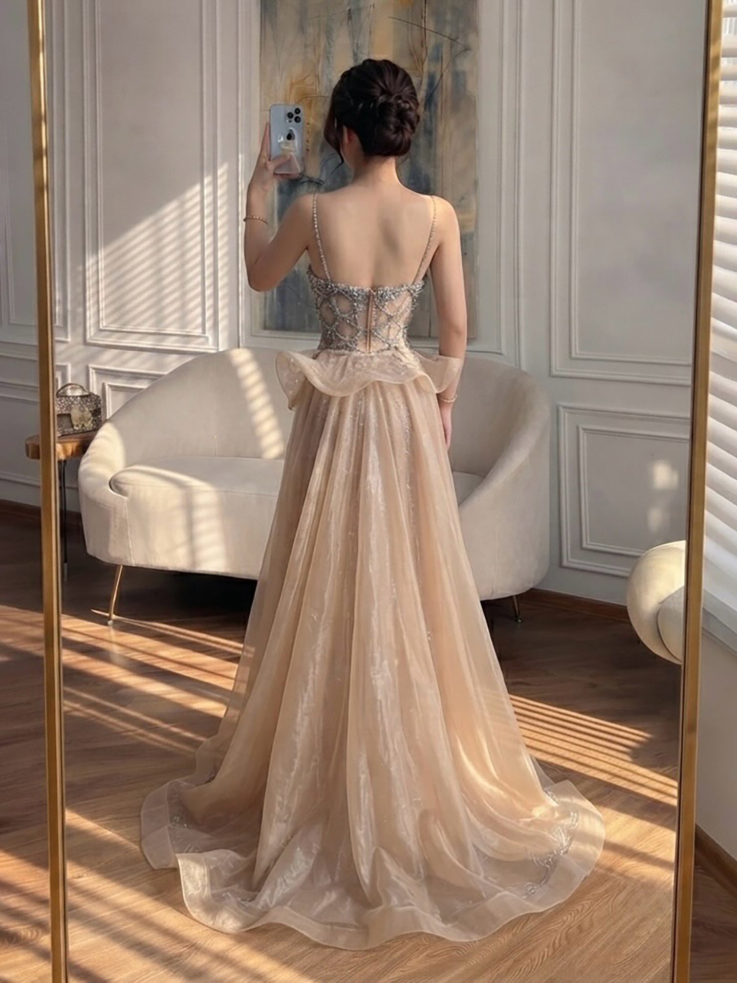 Luxury Caramel Crystal Beaded Spaghetti Strap Mermaid Evening Dress LA72810A SERENE HILL
