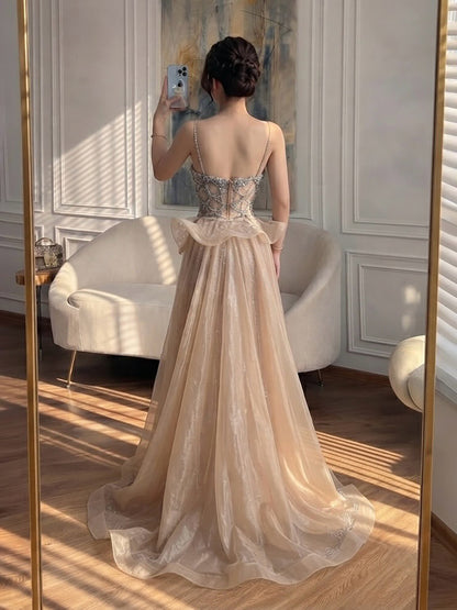 Luxury Caramel Crystal Beaded Spaghetti Strap Mermaid Evening Dress LA72810A SERENE HILL