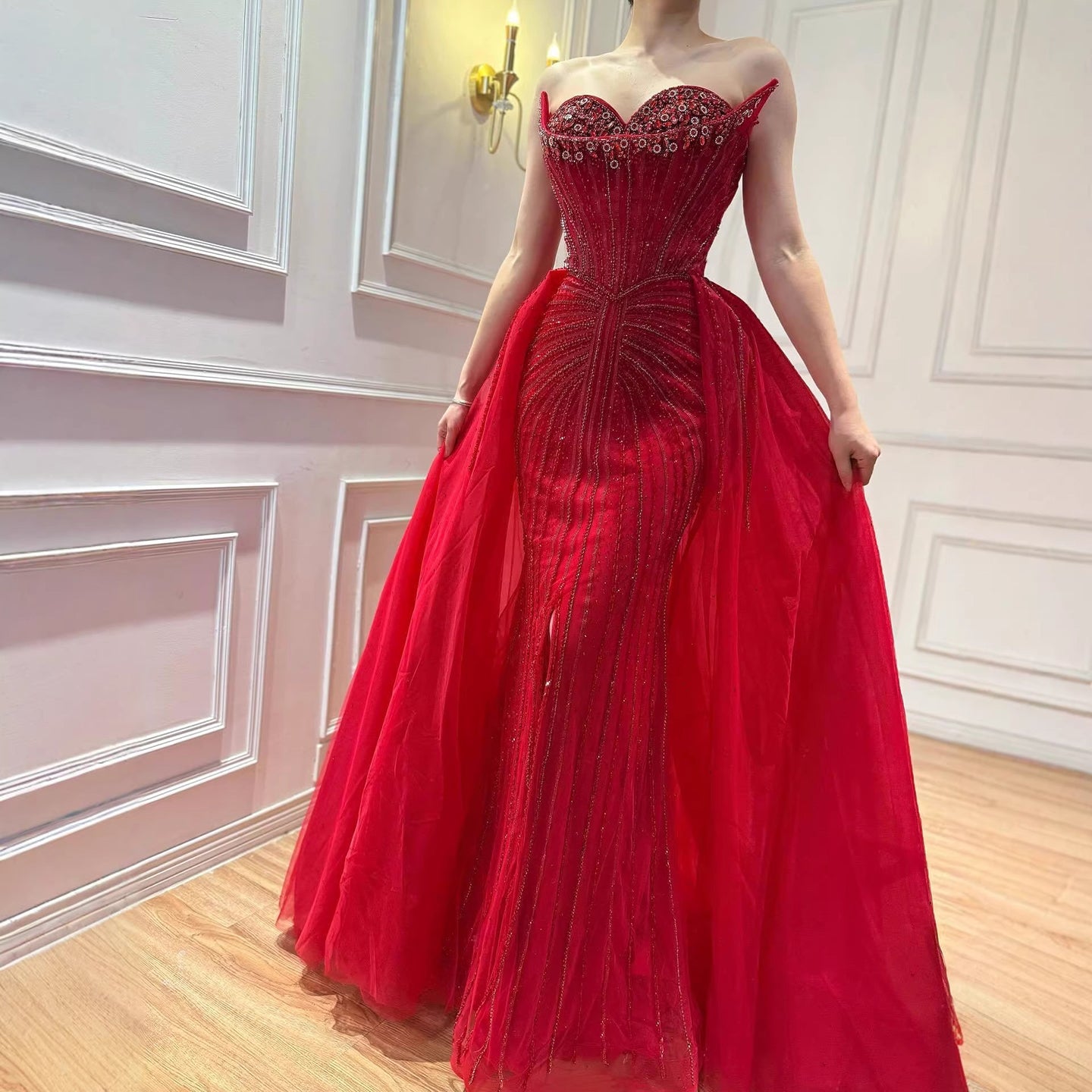 Luxury Dubai Nude Beaded Mermaid Evening Dress with Overskirt LA72811 - SERENE  HILL