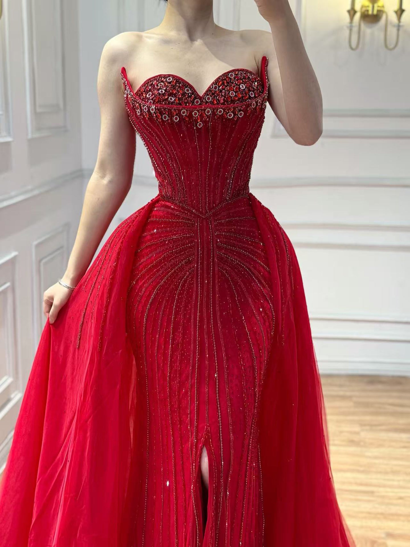 Luxury Dubai Nude Beaded Mermaid Evening Dress with Overskirt LA72811 - SERENE  HILL