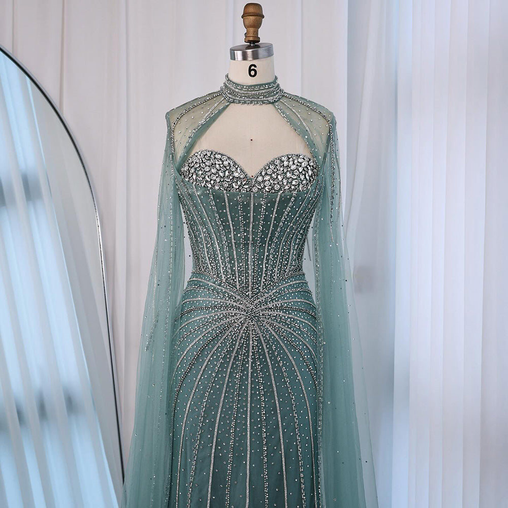 Nude Luxury Beaded Mermaid Evening Gown with Cape Sleeves LA72811A