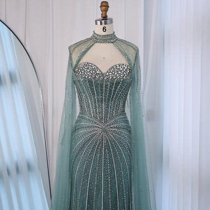 Nude Luxury Beaded Mermaid Evening Gown with Cape Sleeves LA72811A