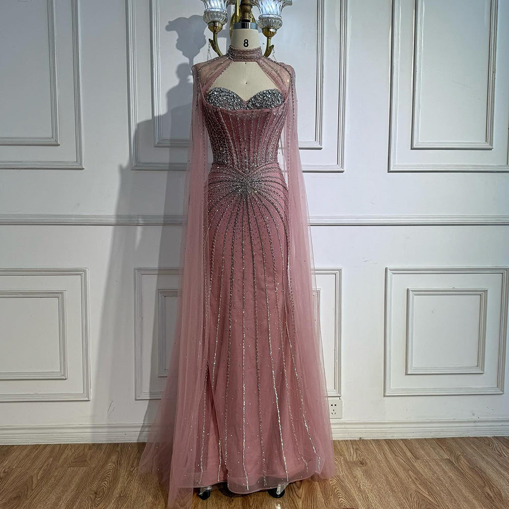 Nude Luxury Beaded Mermaid Evening Gown with Cape Sleeves LA72811A