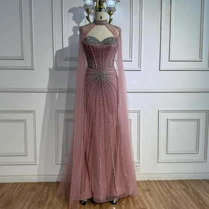 Nude Luxury Beaded Mermaid Evening Gown with Cape Sleeves LA72811A