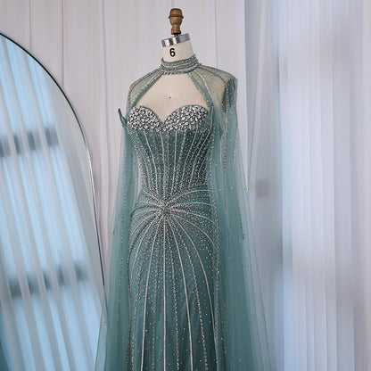 Nude Luxury Beaded Mermaid Evening Gown with Cape Sleeves LA72811A