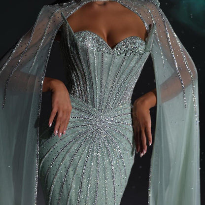Nude Luxury Beaded Mermaid Evening Gown with Cape Sleeves LA72811A