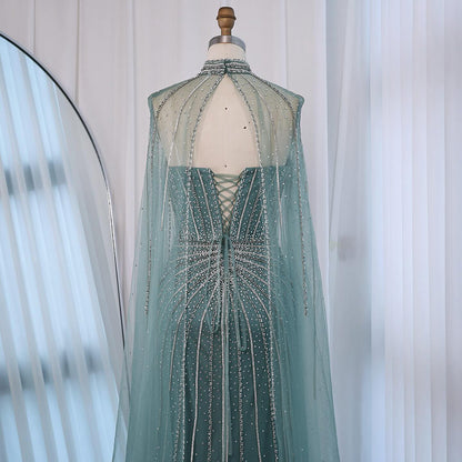 Nude Luxury Beaded Mermaid Evening Gown with Cape Sleeves LA72811A