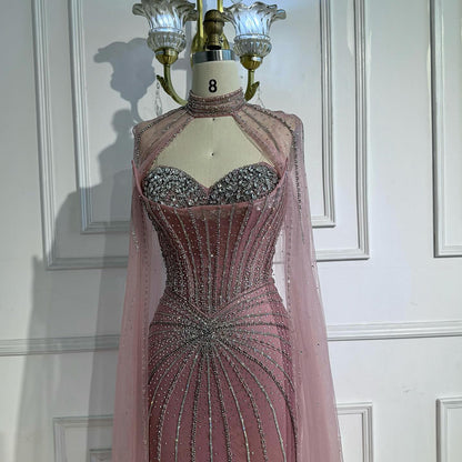 Nude Luxury Beaded Mermaid Evening Gown with Cape Sleeves LA72811A
