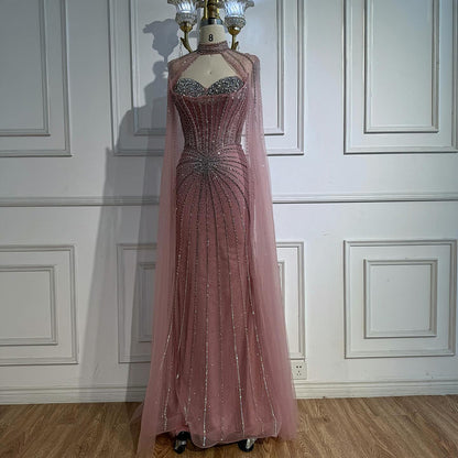 Nude Luxury Beaded Mermaid Evening Gown with Cape Sleeves LA72811A