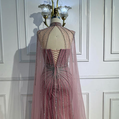 Nude Luxury Beaded Mermaid Evening Gown with Cape Sleeves LA72811A