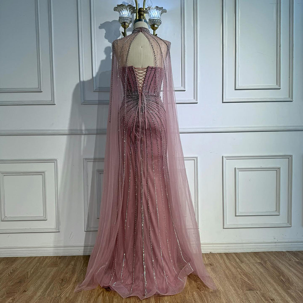 Nude Luxury Beaded Mermaid Evening Gown with Cape Sleeves LA72811A