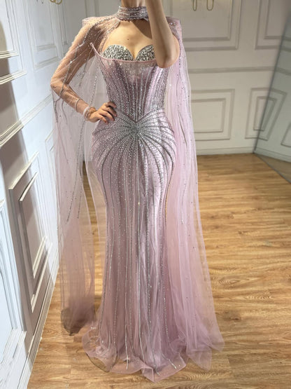 Nude Luxury Beaded Mermaid Evening Gown with Cape Sleeves LA72811A