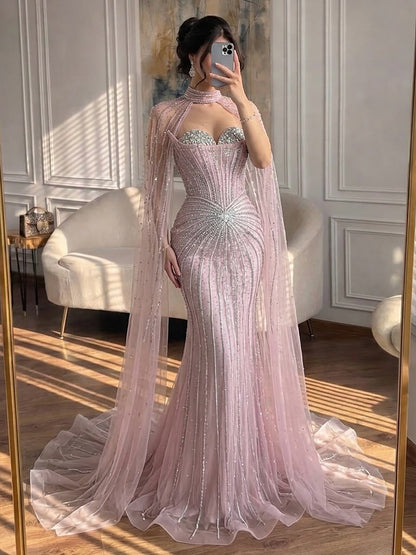 Nude Luxury Beaded Mermaid Evening Gown with Cape Sleeves LA72811A