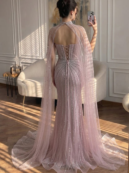 Nude Luxury Beaded Mermaid Evening Gown with Cape Sleeves LA72811A