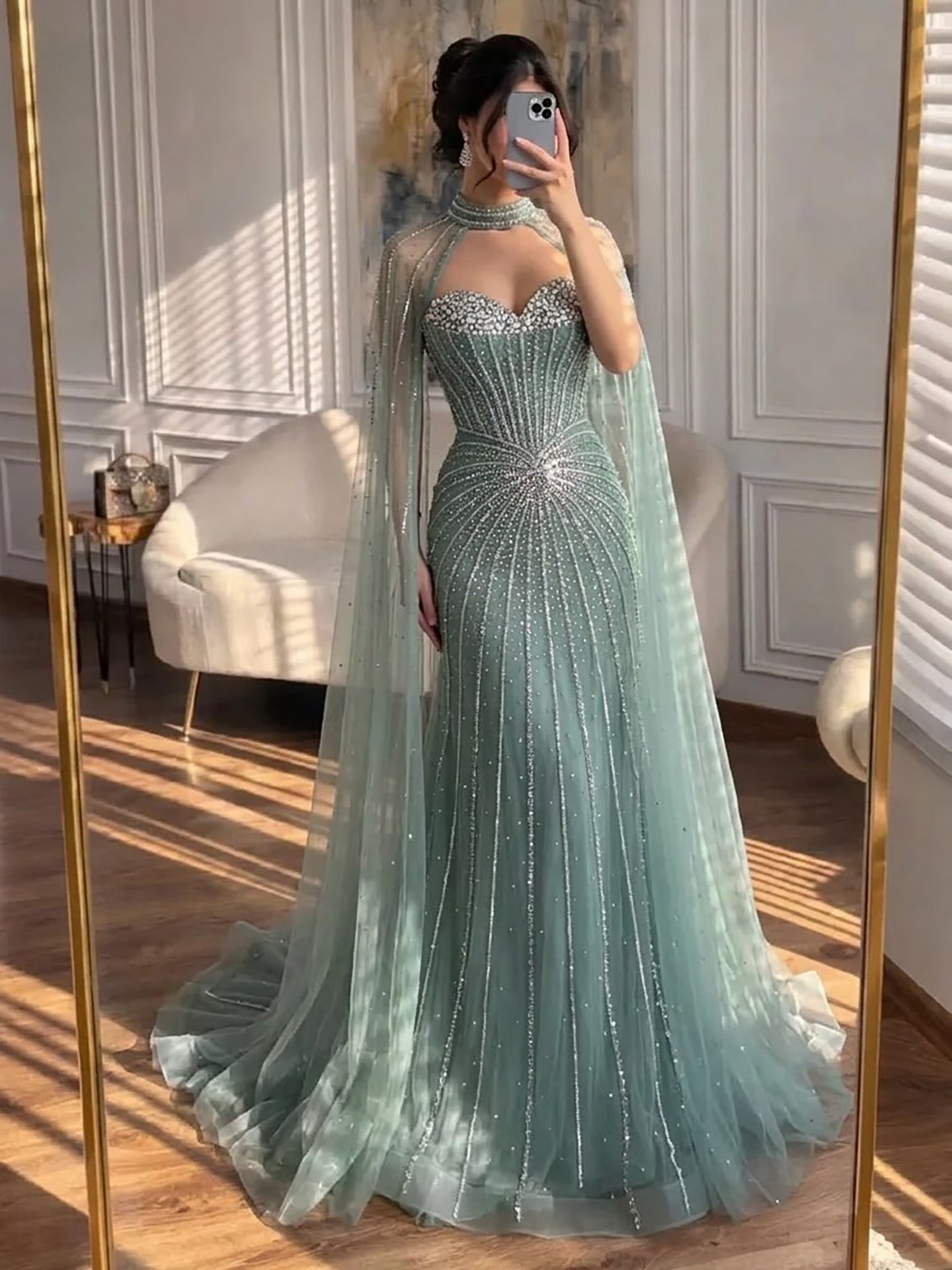 Nude Luxury Beaded Mermaid Evening Gown with Cape Sleeves LA72811A