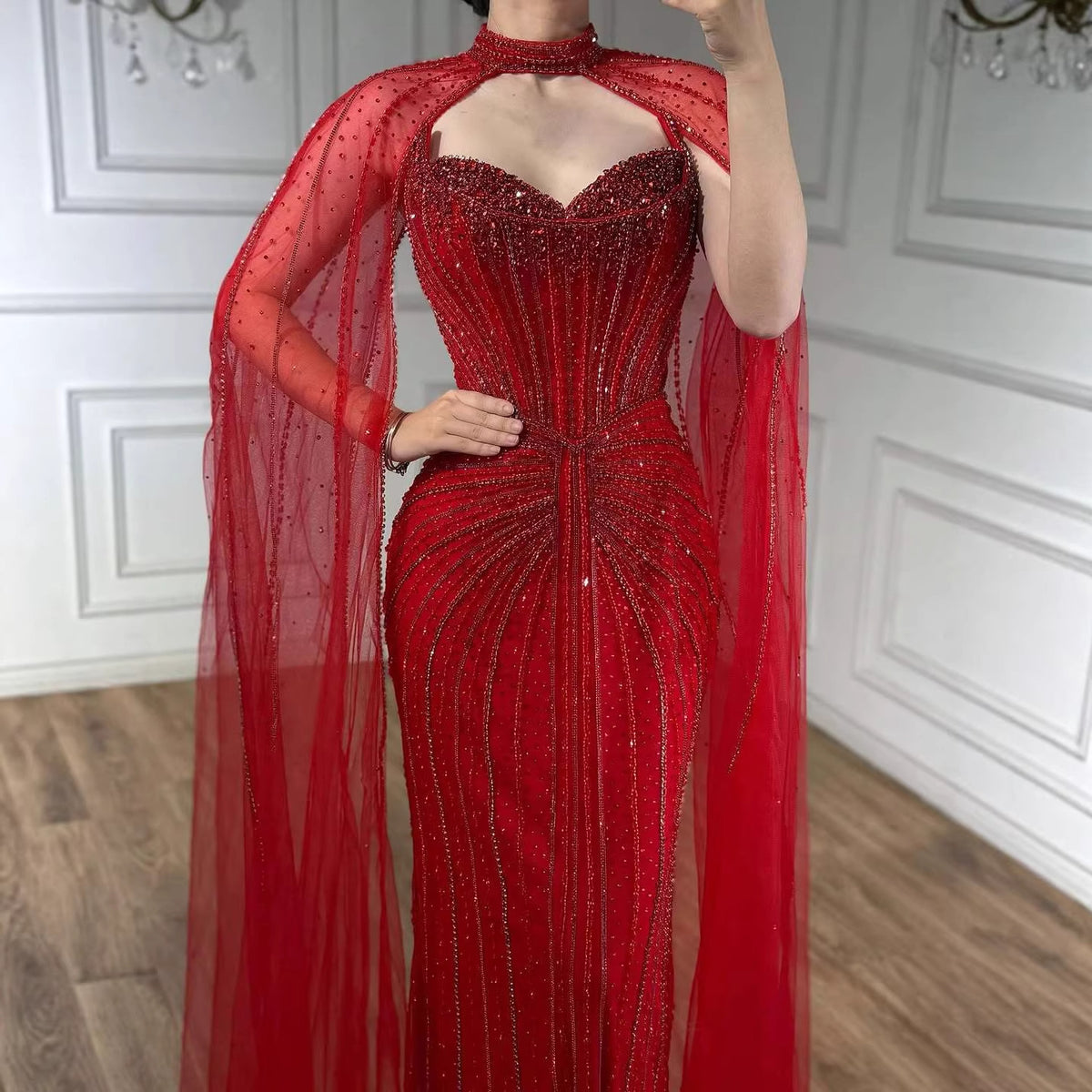 Luxury Dubai Caramel Beaded Evening Dress With Cape LA72811C - SERENE  HILL