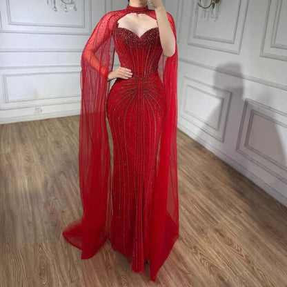 Luxury Dubai Caramel Beaded Evening Dress With Cape LA72811C - SERENE  HILL