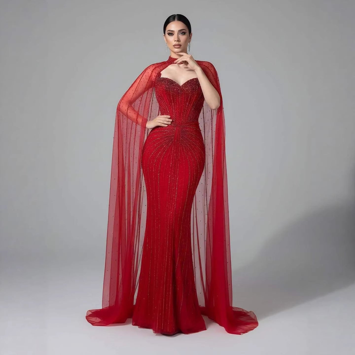 Luxury Dubai Caramel Beaded Evening Dress With Cape LA72811C - SERENE  HILL