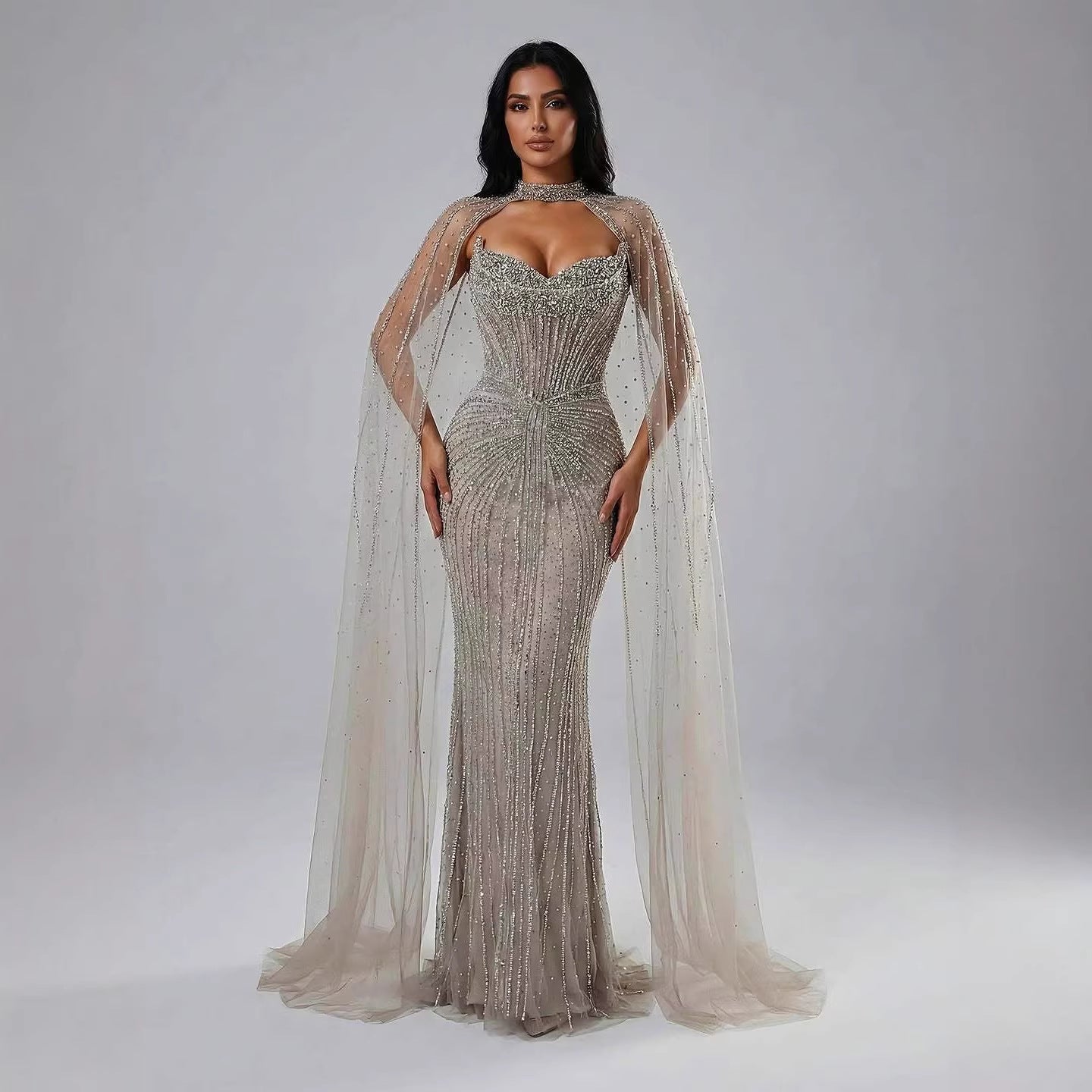 Luxury Dubai Caramel Beaded Evening Dress With Cape LA72811C - SERENE  HILL