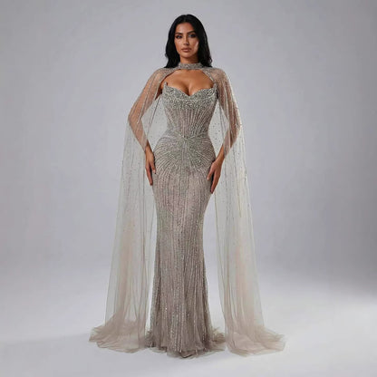 Luxury Dubai Caramel Beaded Evening Dress With Cape LA72811C - SERENE  HILL