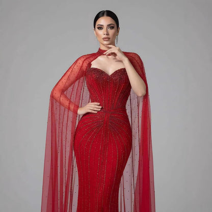 Luxury Dubai Caramel Beaded Evening Dress With Cape LA72811C - SERENE  HILL